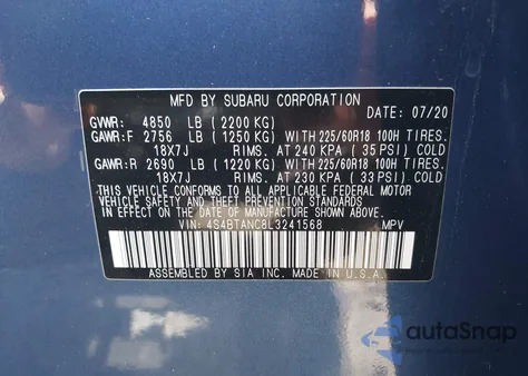2020 Subaru Outback Limited from USA, damaged, VIN 4S4BTANC8L3241568